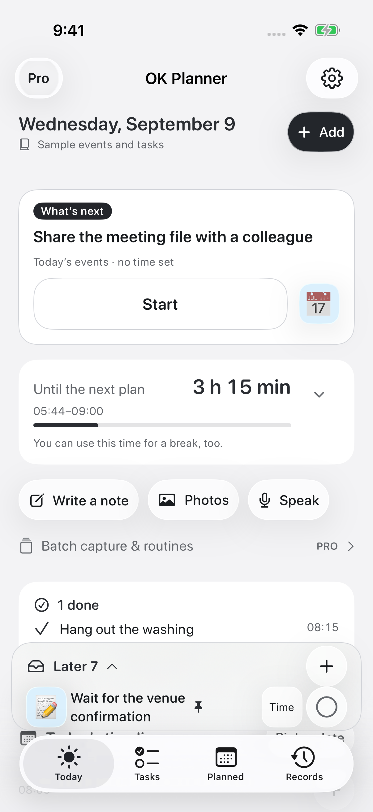 The today screen in OK Planner, showing what to do next and the time free around it