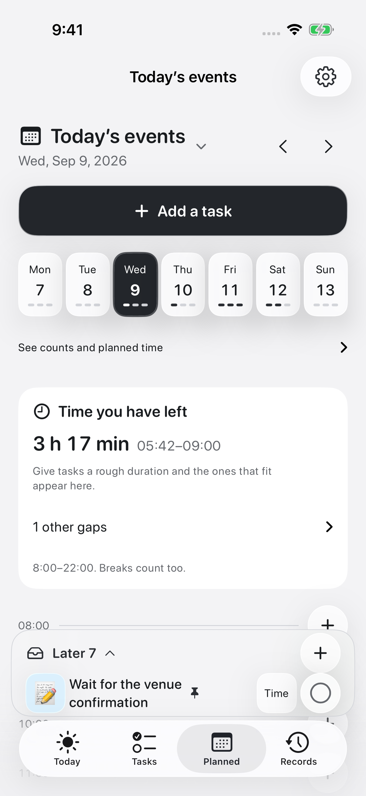 The planner screen in OK Planner, showing the day's events and the time available