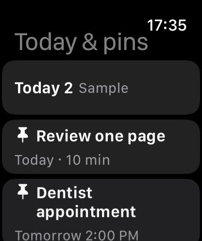 OK Planner on Apple Watch, showing today's tasks and pinned items