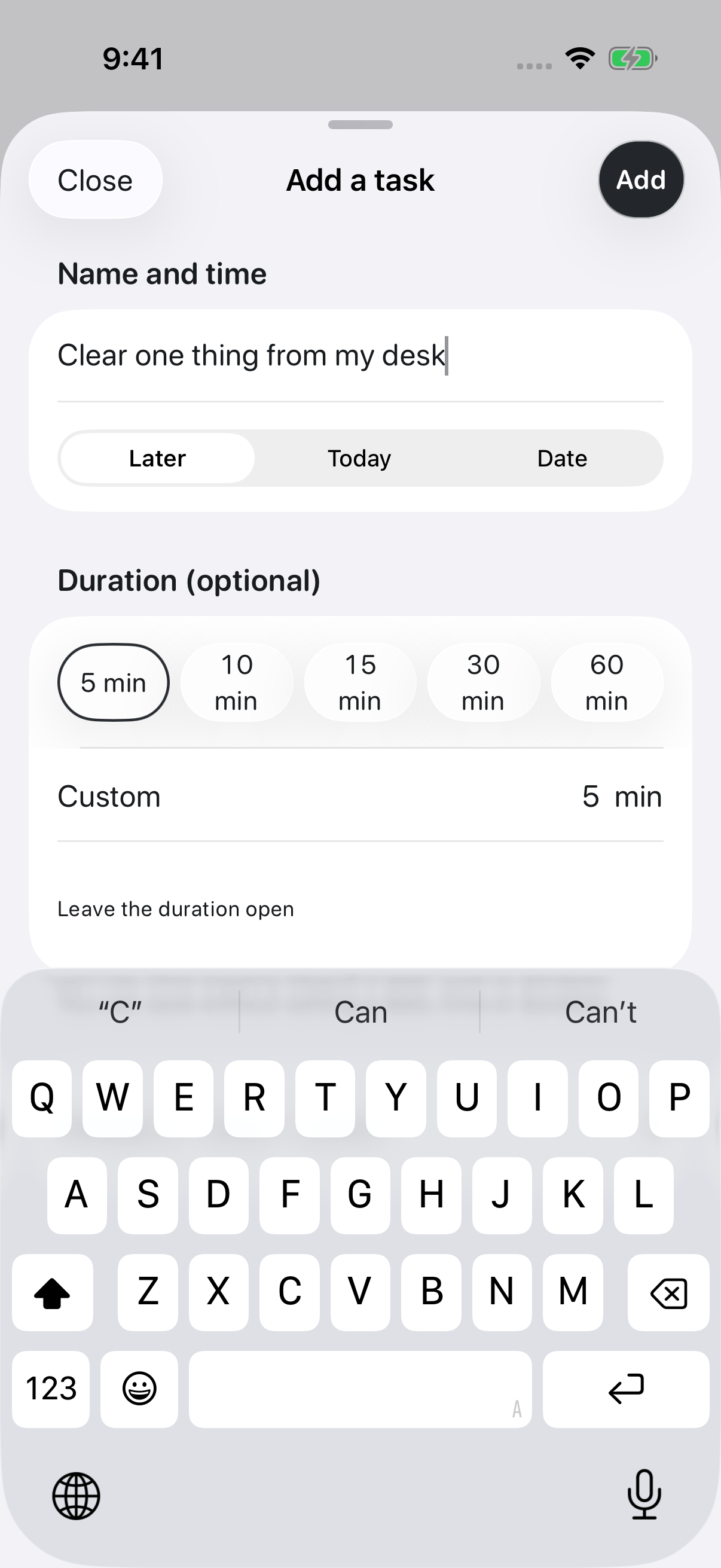 The add-task screen, with a name field, Later/Today/date options, an optional duration and an Add button