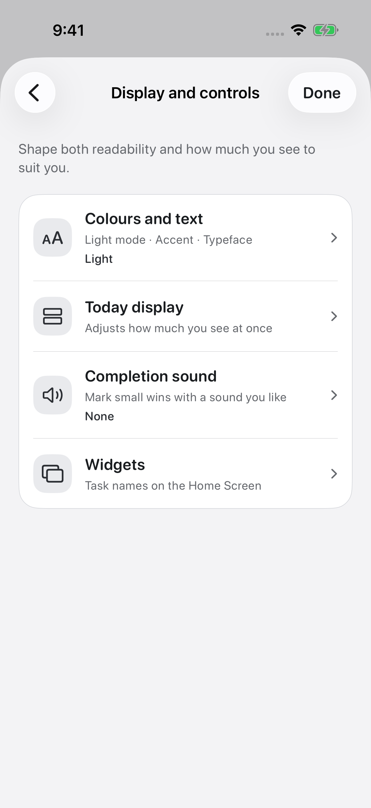 Display and controls settings, with entries for Colours and text and Today display