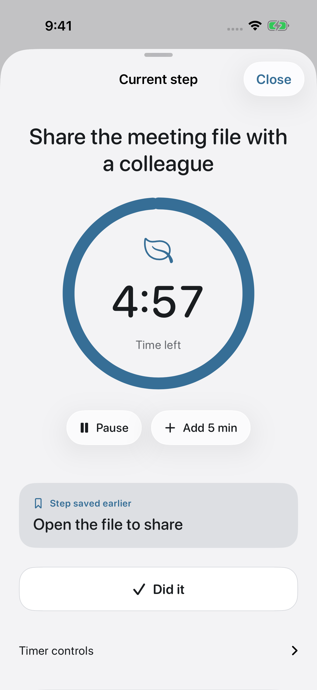 The focus timer for the current step, showing time remaining, pause, add five minutes and a note to continue from